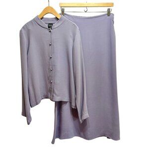 Eileen Fisher 100% Silk Jacket Skirt Suit Set Womens M Lavender Mandarin Collar